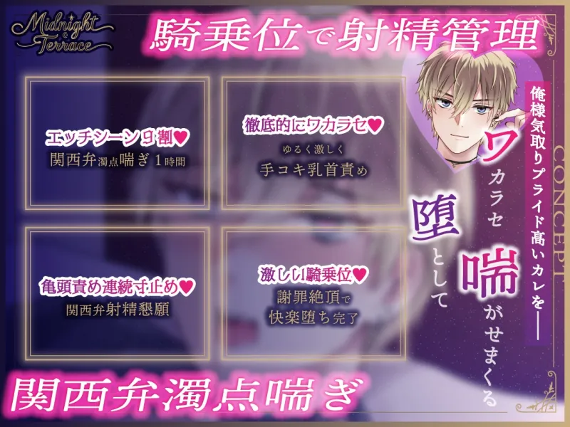 【女性優位♡関西弁喘ぎ1時間】俺様気取りのコンカフェ店員を射精寸止めで徹底的におしおき「お願いやから、射精させてぐだざい♡」/ミッドナイト・テラス Vol.02 一翔