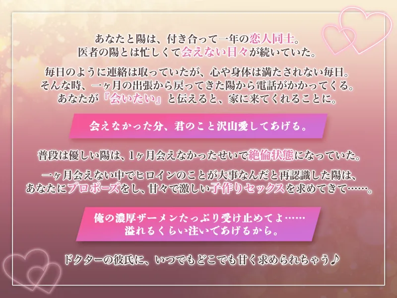 【KU100】絶倫ドクター彼氏の我慢できないプロポーズ孕ませセックス～一ヶ月会えなかったからもう限界～